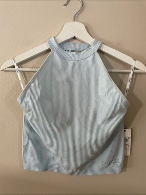 Guess Light Blue Ribbed Halter Crop Top. Large